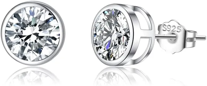 SLUYNZ Sterling Silver Bezel CZ Earrings Stud for Women Teen Girls Round Simulated Diamond Stud Earrings Round CZ Stud Earrings 5MM/6MM/7MM
