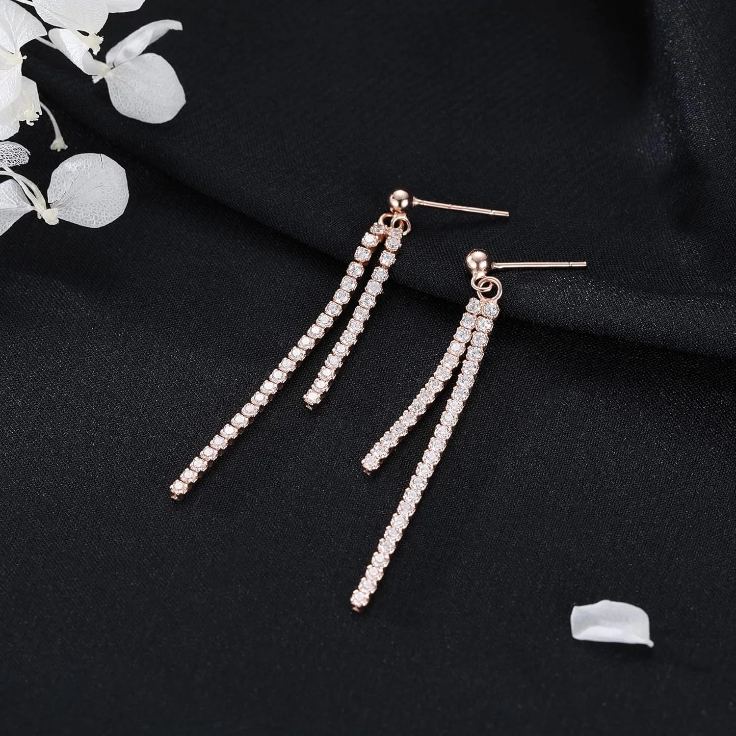 SLUYNZ Sterling Silver Crystal Rhinestone Linear Drop Earrings for Women Teens CZ Long Dangle Earrings Tassel Chain Studs