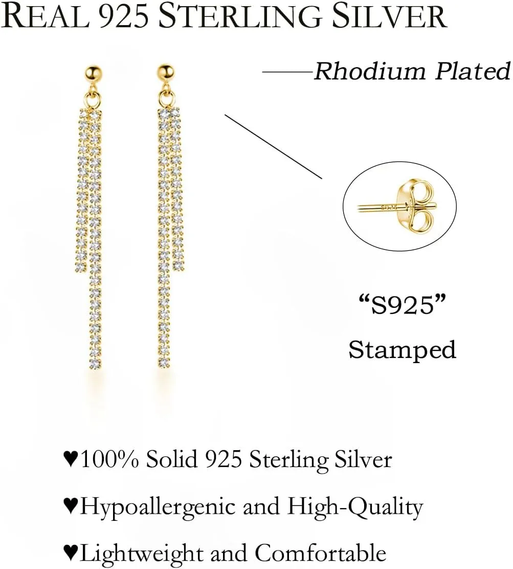 SLUYNZ Sterling Silver Crystal Rhinestone Linear Drop Earrings for Women Teens CZ Long Dangle Earrings Tassel Chain Studs