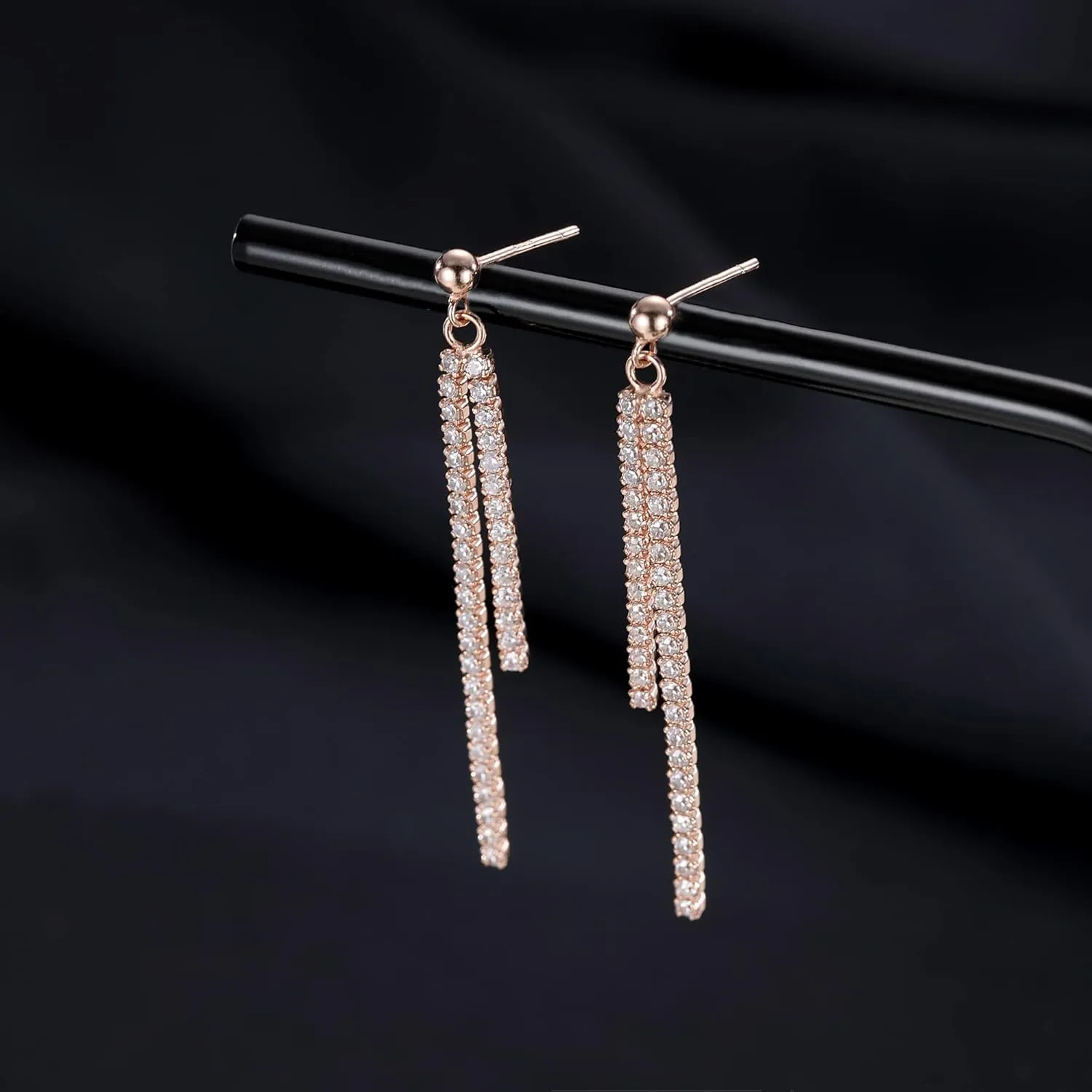 SLUYNZ Sterling Silver Crystal Rhinestone Linear Drop Earrings for Women Teens CZ Long Dangle Earrings Tassel Chain Studs