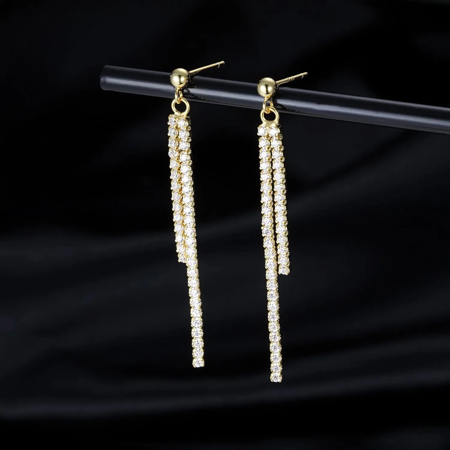 SLUYNZ Sterling Silver Crystal Rhinestone Linear Drop Earrings for Women Teens CZ Long Dangle Earrings Tassel Chain Studs