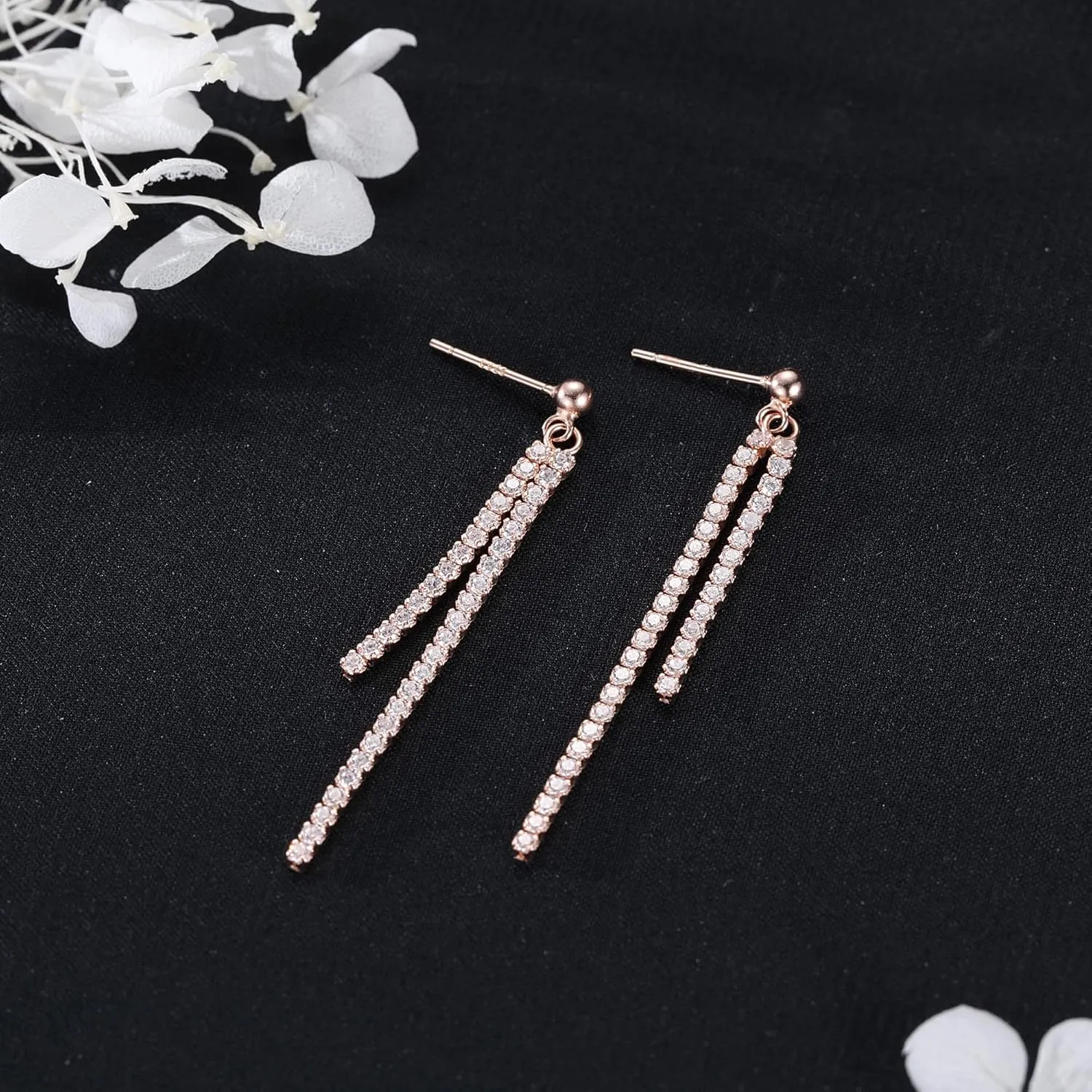 SLUYNZ Sterling Silver Crystal Rhinestone Linear Drop Earrings for Women Teens CZ Long Dangle Earrings Tassel Chain Studs
