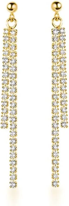 SLUYNZ Sterling Silver Crystal Rhinestone Linear Drop Earrings for Women Teens CZ Long Dangle Earrings Tassel Chain Studs