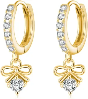 SLUYNZ Sterling Silver CZ Bowknot Hoop Earrings for Women Teens Small Bow Hoop Earrings Huggie Drop