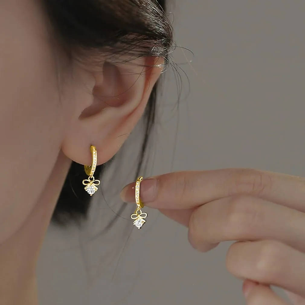 SLUYNZ Sterling Silver CZ Bowknot Hoop Earrings for Women Teens Small Bow Hoop Earrings Huggie Drop