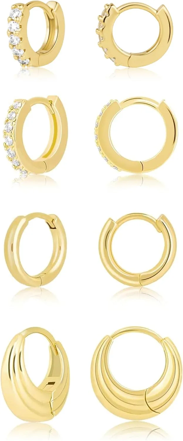 Small Gold Huggie Hoop Earrings Set for Women Men Hypoallergenic 14K Gold Plated Stack Cartilage Earrings, Multiple Piercing Lightweight Mini Thin Cute Dainty Trendy Clip On Jewelry Set Gifts for Women