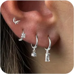 Small Hoop Earrings for Women,14K Gold/Sterling Silver Plated CZ Dangle Earring Set Waterproof Minimalism Dainty Earrings Trendy Jewelry Gift
