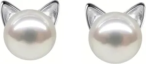 Small Mini Cat Earrings, Hypoallergenic Cute Pearl Stud Earrings for Women, Silver