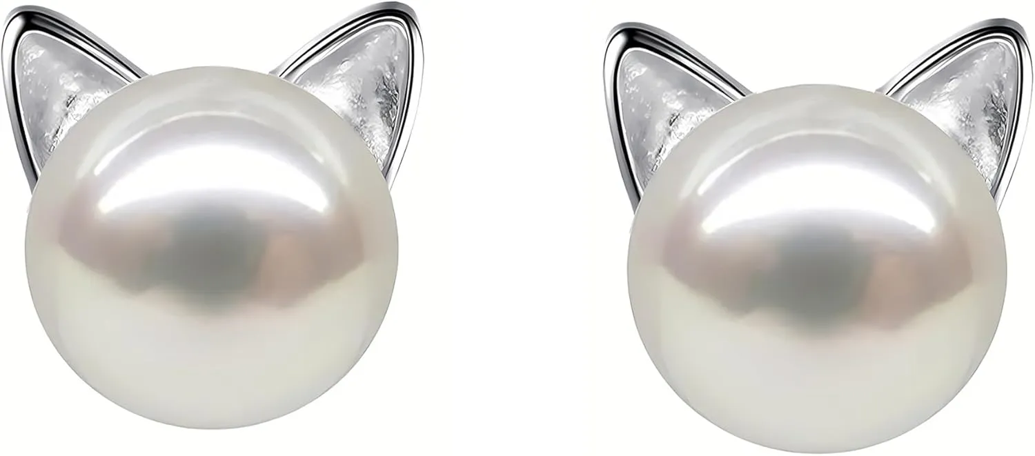 Small Mini Cat Earrings, Hypoallergenic Cute Pearl Stud Earrings for Women, Silver