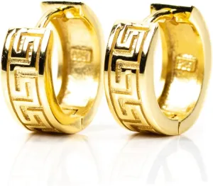 Small Solid 14K Yellow Gold 925 Sterling Silver Men's Women's Trendy Hypoallergenic Unisex Greek Key Pattern Huggie Hoop Earrings Jewelry Gifts for Men Women