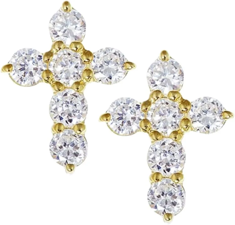 Small Solitaire Prong Set Iced 5A Cz Hip Hop Mens Women's Yellow Gold 925 Sterling Silver Hypoallergenic Crucifix Ice Out Cubic Zirconia Gothic Cross Screw Back Stud Earrings