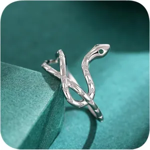 Snake Ring 925 Sterling Silver Plated Statement Rings for WomenEvil Eye Rings Gothic Vintage Stackable Platinum Plated Punk Women Men 3D Animal Ring Jewelry Gift for Her Size 8#