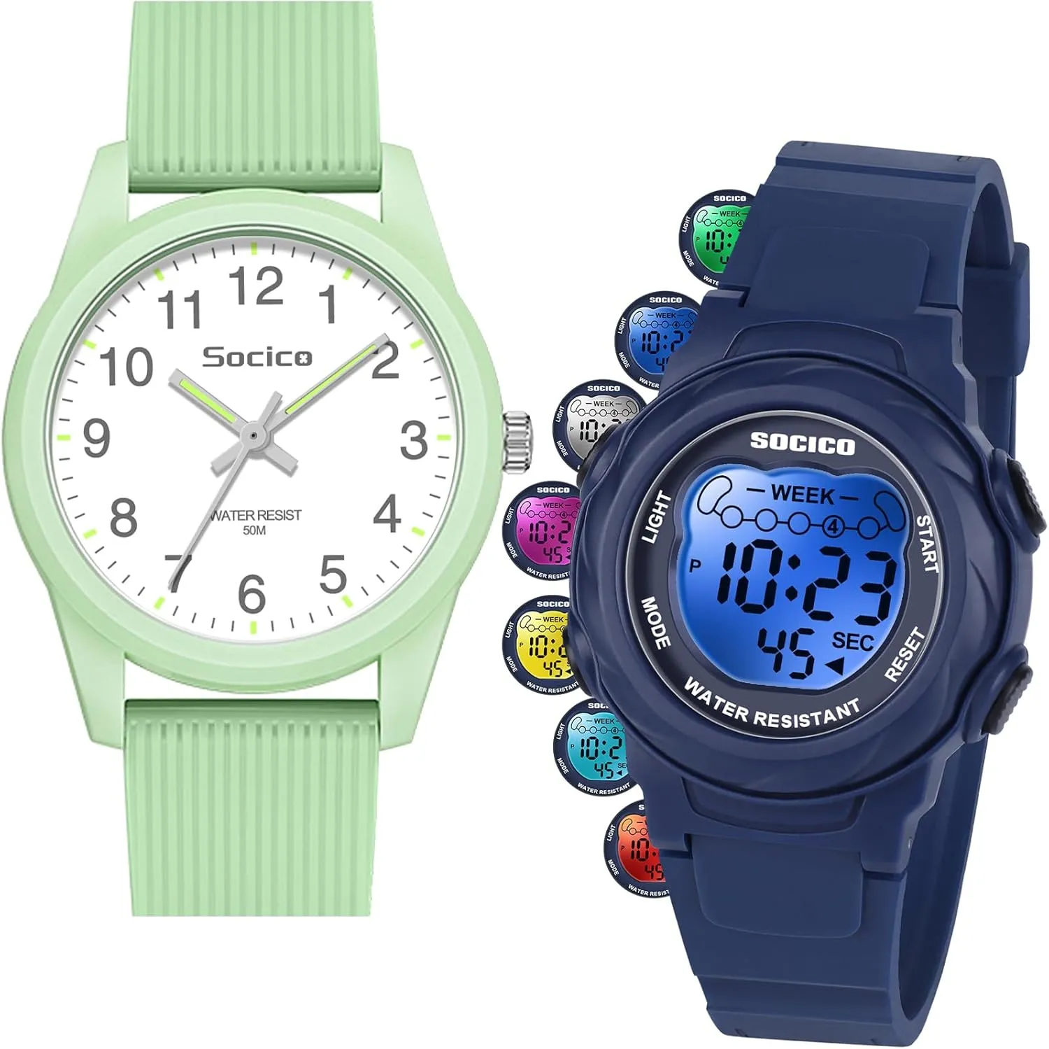 SOCICO Kids Watches for Boys & Girls  Digital 7 Color Lights, Stopwatch, Alarm & Analog Easy Time Learning  50M Waterproof, Soft Durable Bands, Great Gift for Ages 4-12