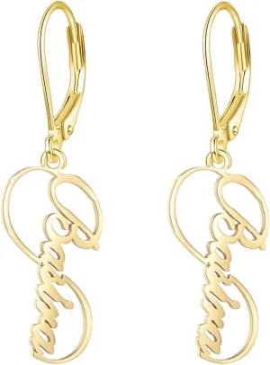 Solid 10k 14k 18k Gold Personalized Name Dangle Earrings for Women, Real Gold Customized Name Earrings Custom Any Name Fine Jewelry Gifts for Women, Mom, Wife
