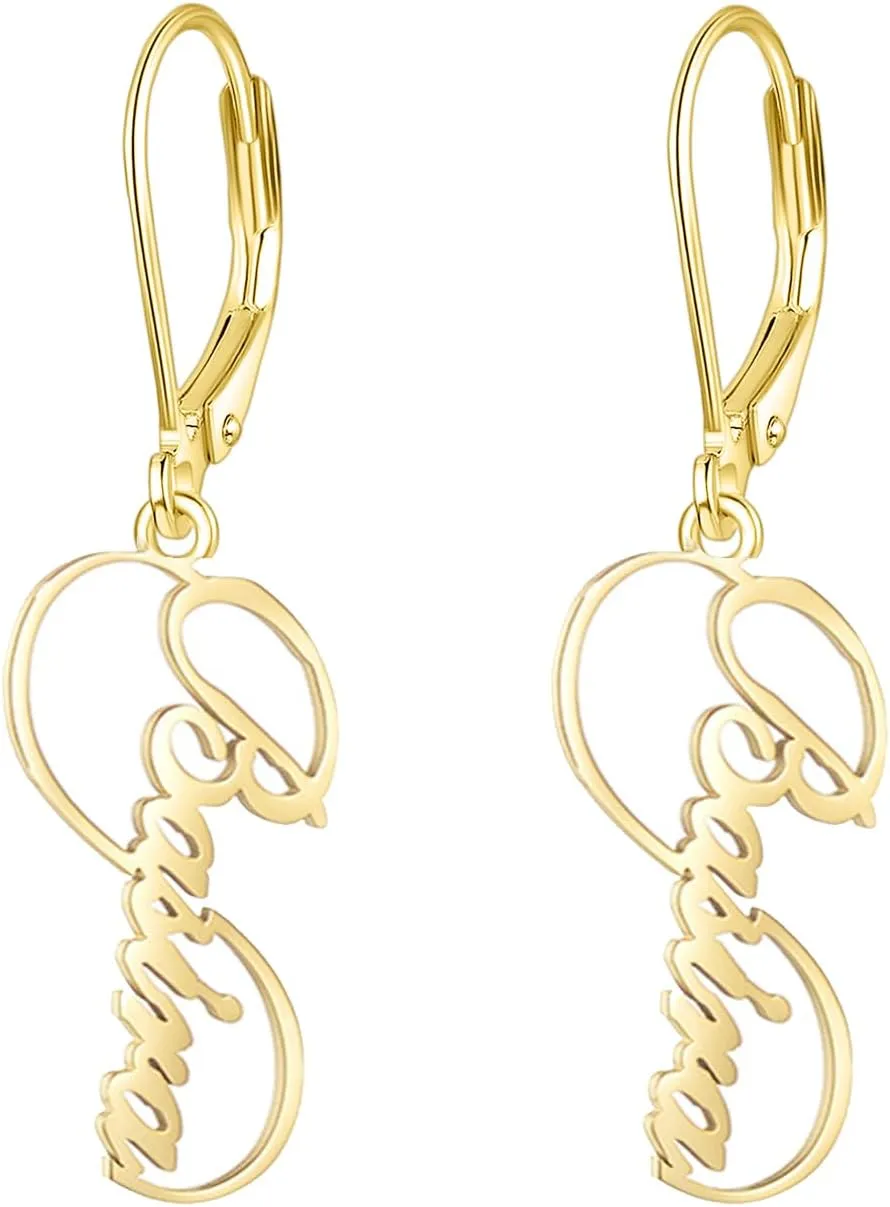 Solid 10k 14k 18k Gold Personalized Name Dangle Earrings for Women, Real Gold Customized Name Earrings Custom Any Name Fine Jewelry Gifts for Women, Mom, Wife