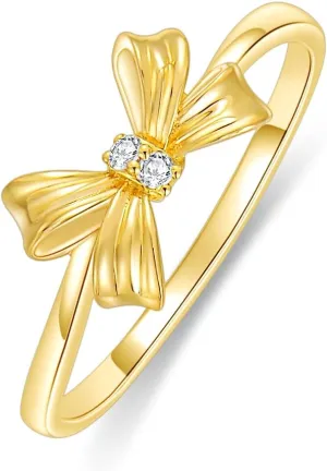 Solid 14K Yellow Gold 0.01 ct Diamond Bow Ring for Women Dainty Real Diamond Ribbon Bow Ring Fine Jewelry Gifts for Mom Wife Girlfriend