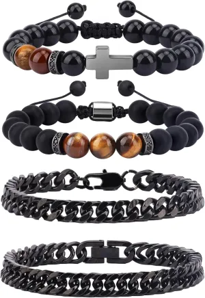 SONNYX 4 PCS Men's Stainless Steel Bracelets Including Black Gemstone Tiger Eye and Agate Beaded Bracelet Stainless Steel Chain Matching Bracelets Set for Men Women Jewelry
