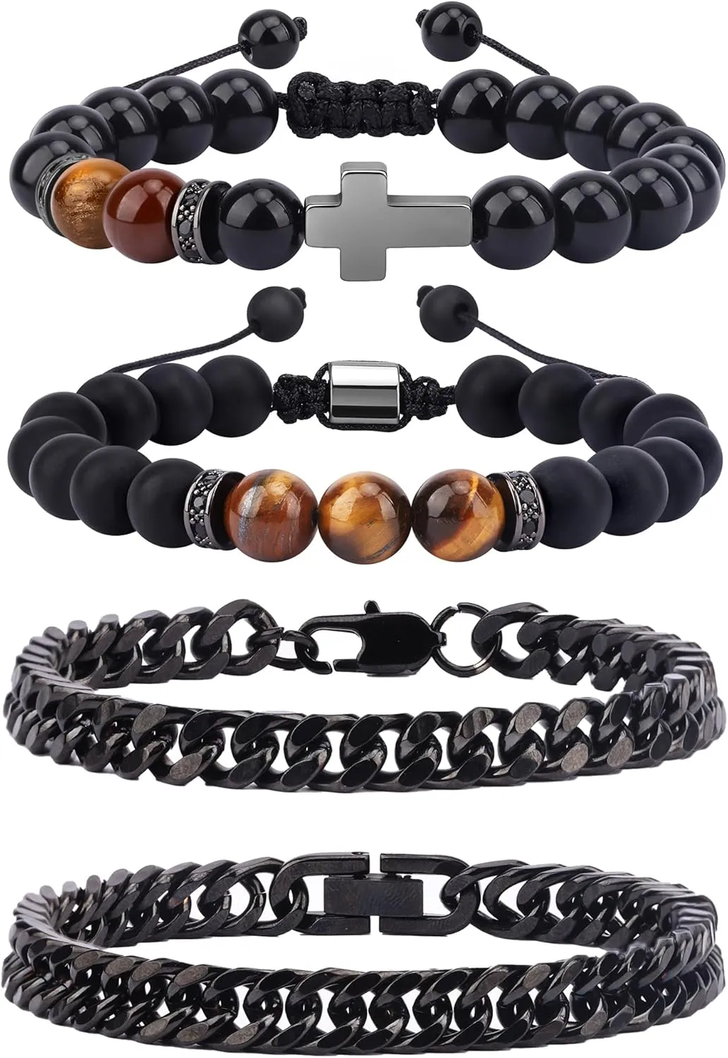 SONNYX 4 PCS Men's Stainless Steel Bracelets Including Black Gemstone Tiger Eye and Agate Beaded Bracelet Stainless Steel Chain Matching Bracelets Set for Men Women Jewelry