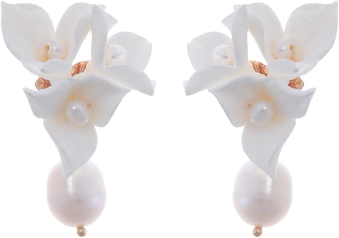 Soulshow Cultured Freshwater Pearl Earrings for Women Trendy Jewelry Handmade Resin Clay Flower Gold Bride Earrings Pearl Dangle Earrings Accessories