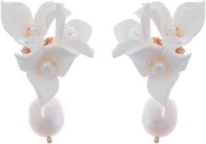 Soulshow Cultured Freshwater Pearl Earrings for Women Trendy Jewelry Handmade Resin Clay Flower Gold Bride Earrings Pearl Dangle Earrings Accessories