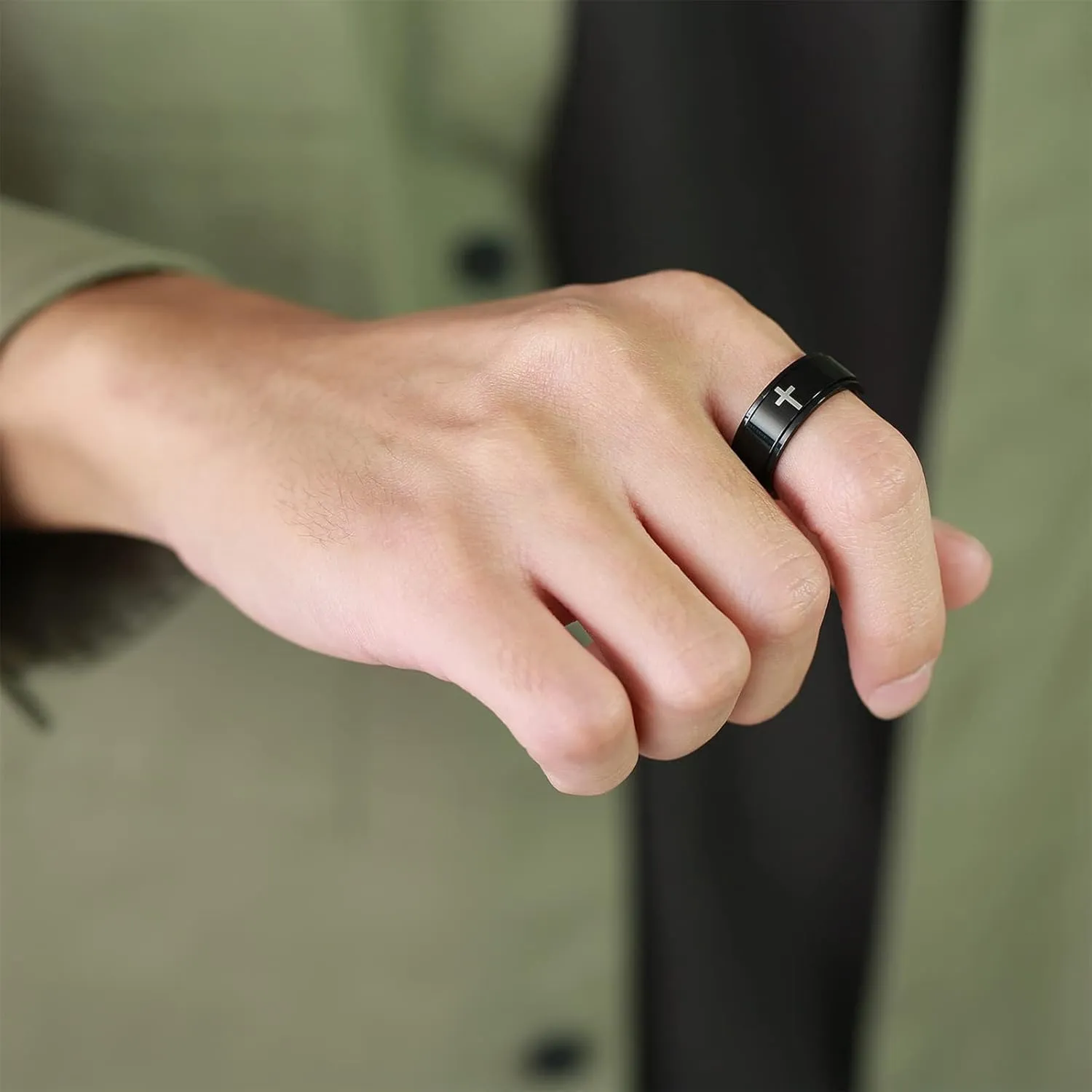 Spinner Cross Rings for Men, Silver/Black Anxiety Fidget Rings Men, Mens Rings Stainless Steel for Stress Relieving, Promise Ring for Women Size 6-12