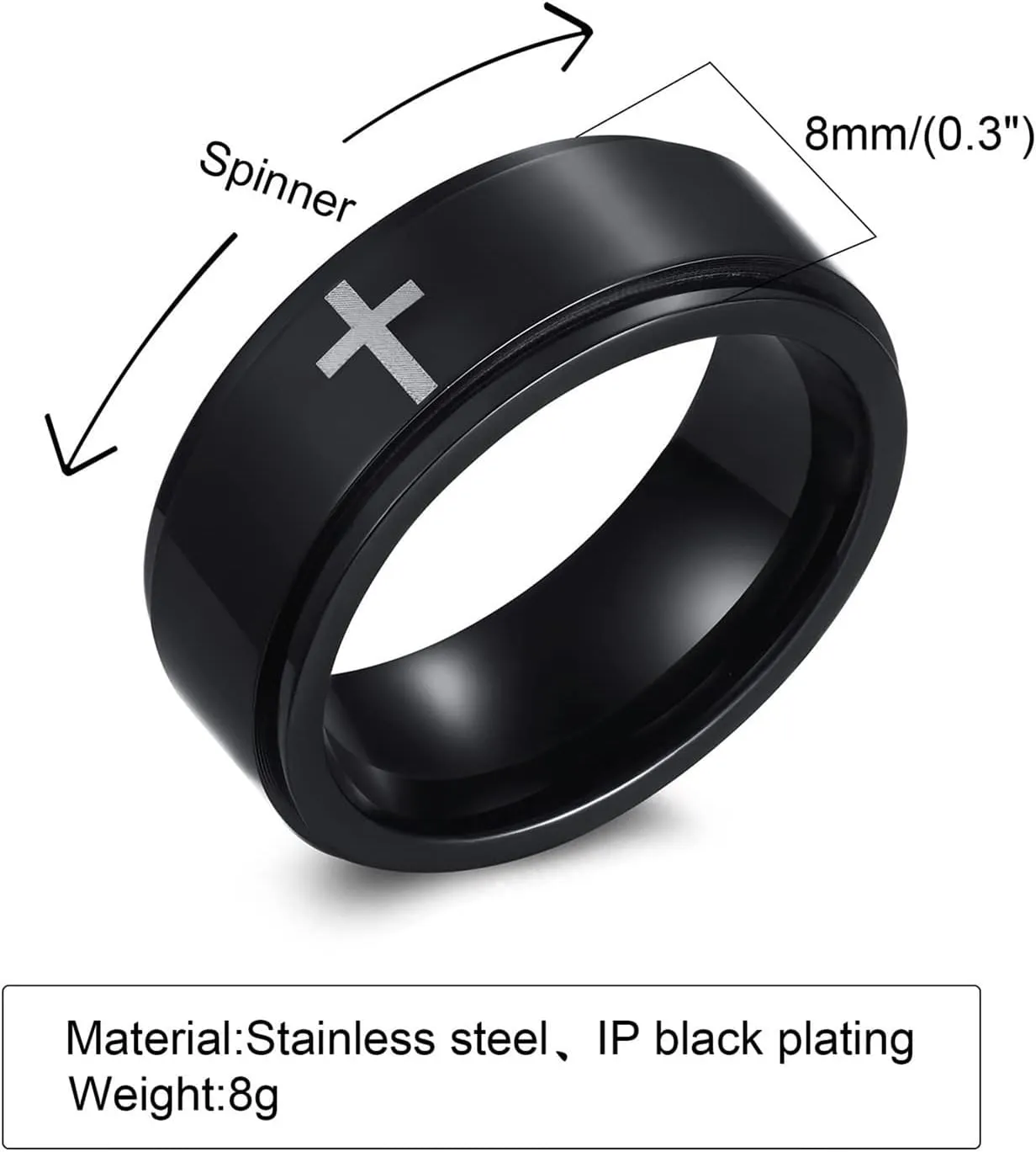 Spinner Cross Rings for Men, Silver/Black Anxiety Fidget Rings Men, Mens Rings Stainless Steel for Stress Relieving, Promise Ring for Women Size 6-12