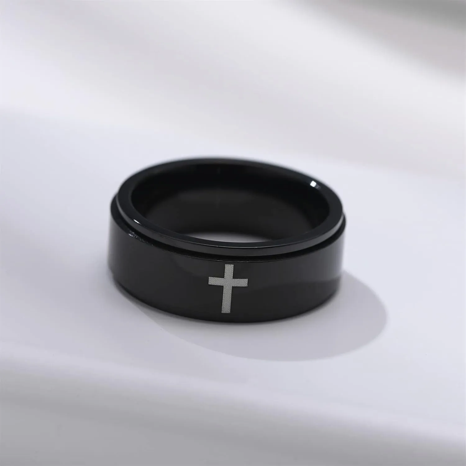 Spinner Cross Rings for Men, Silver/Black Anxiety Fidget Rings Men, Mens Rings Stainless Steel for Stress Relieving, Promise Ring for Women Size 6-12