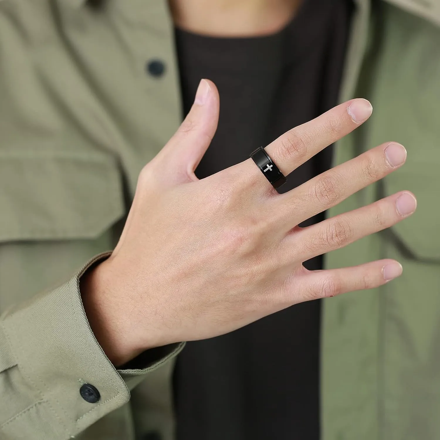 Spinner Cross Rings for Men, Silver/Black Anxiety Fidget Rings Men, Mens Rings Stainless Steel for Stress Relieving, Promise Ring for Women Size 6-12