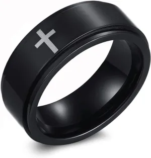 Spinner Cross Rings for Men, Silver/Black Anxiety Fidget Rings Men, Mens Rings Stainless Steel for Stress Relieving, Promise Ring for Women Size 6-12