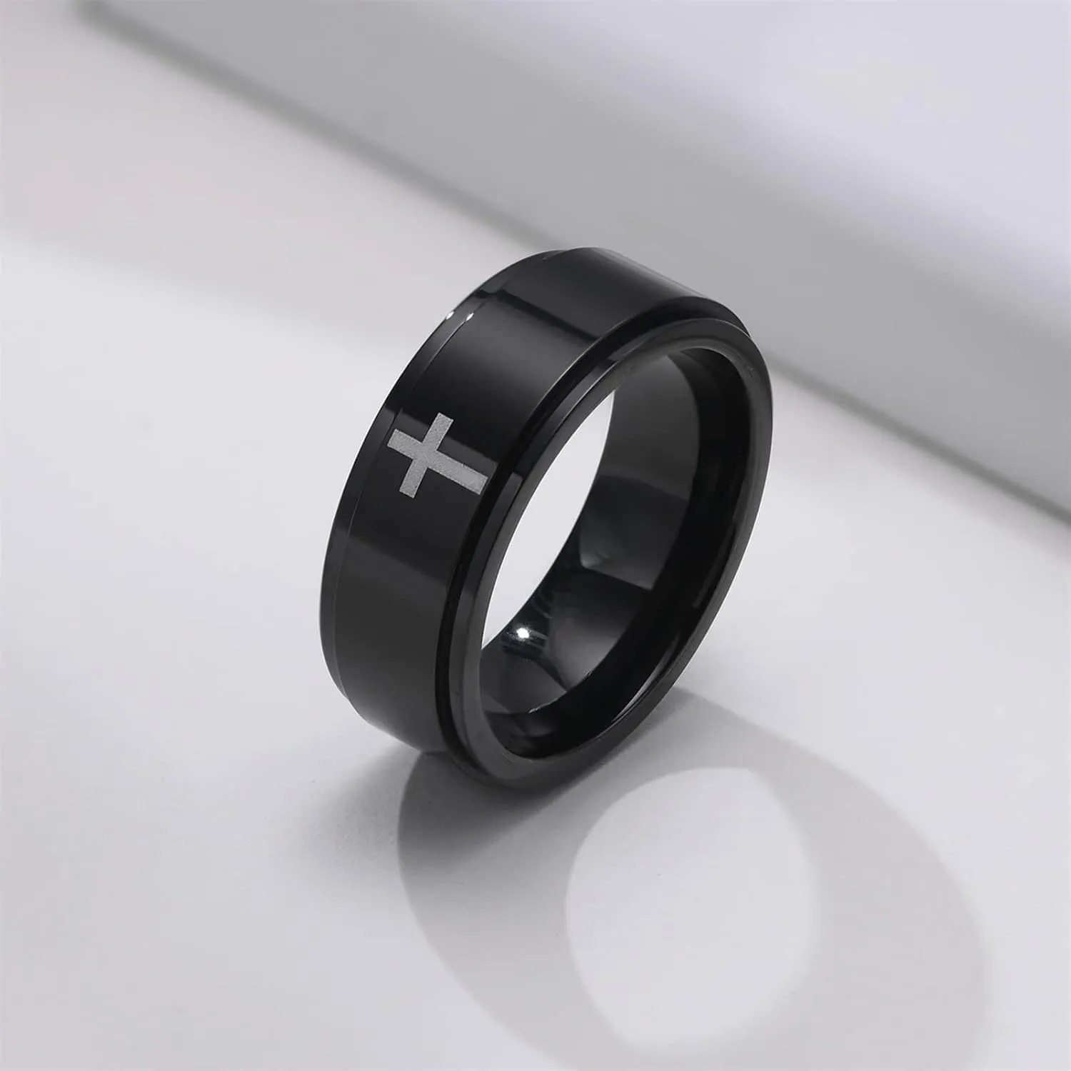 Spinner Cross Rings for Men, Silver/Black Anxiety Fidget Rings Men, Mens Rings Stainless Steel for Stress Relieving, Promise Ring for Women Size 6-12