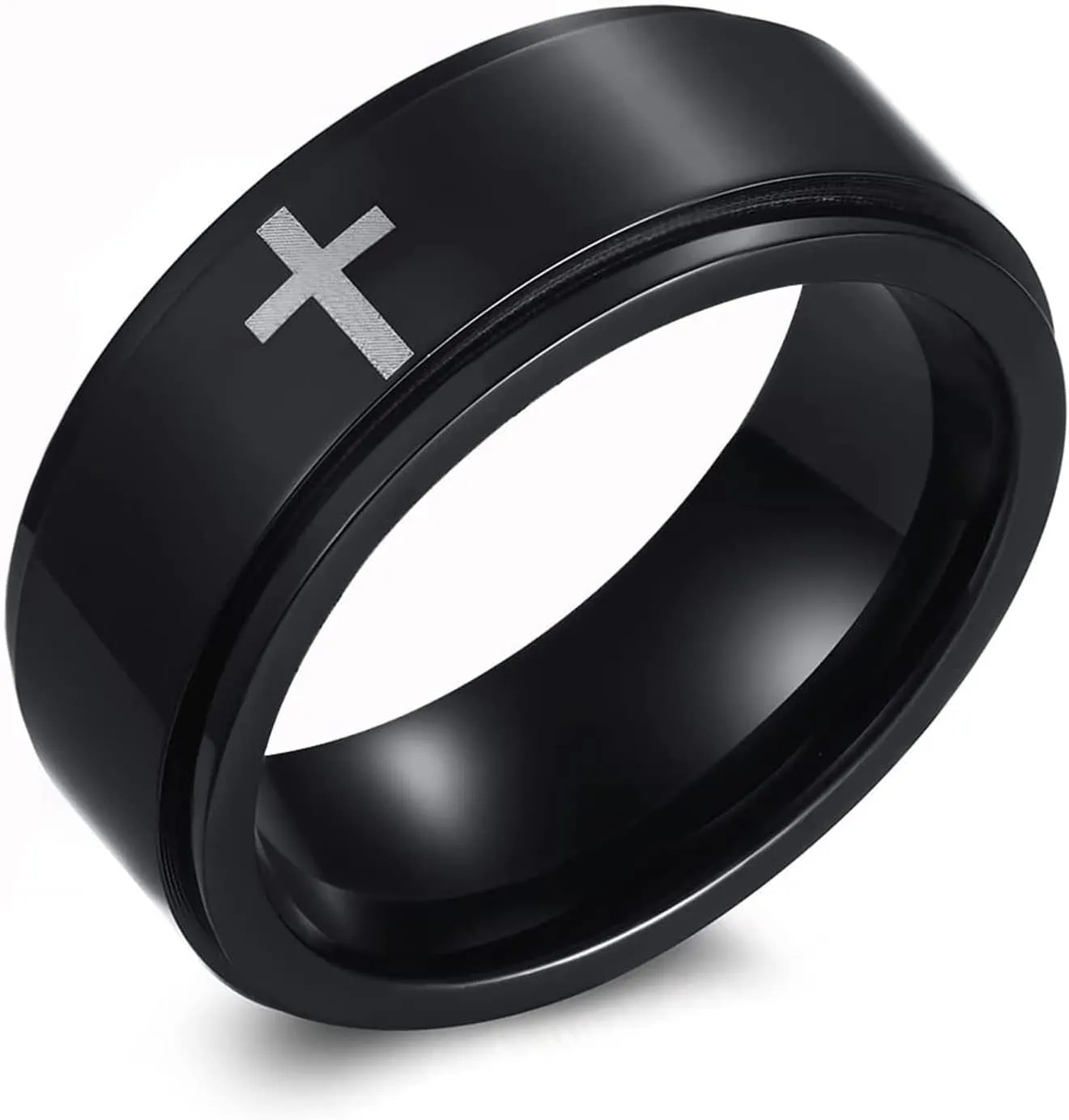 Spinner Cross Rings for Men, Silver/Black Anxiety Fidget Rings Men, Mens Rings Stainless Steel for Stress Relieving, Promise Ring for Women Size 6-12