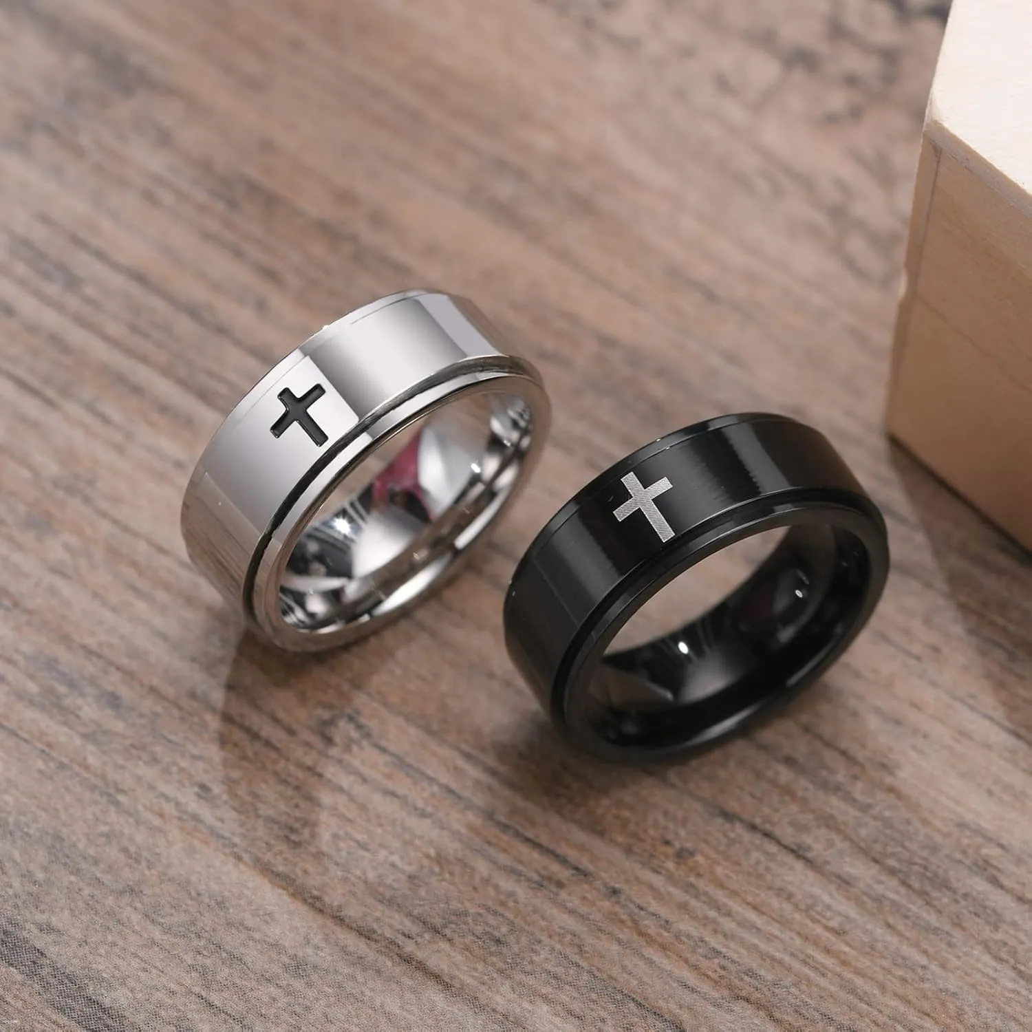 Spinner Cross Rings for Men, Silver/Black Anxiety Fidget Rings Men, Mens Rings Stainless Steel for Stress Relieving, Promise Ring for Women Size 6-12