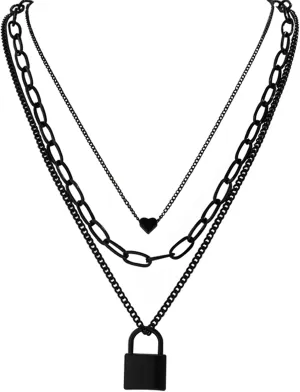 Stacked Necklaces for Women Black Lock Chains Heart Grunge Layered Necklace Aesthetic Pendant Multilayer Choker