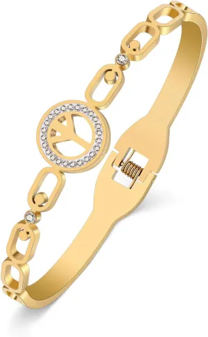 Stainless Steel 18K Gold Silver Plated Crystal Cool Peace Sign Bracelet 70S Hippie Symbol Cuff Bangle Birthday Jewelry For Women Hippy Punk Charms Friendship Gifts