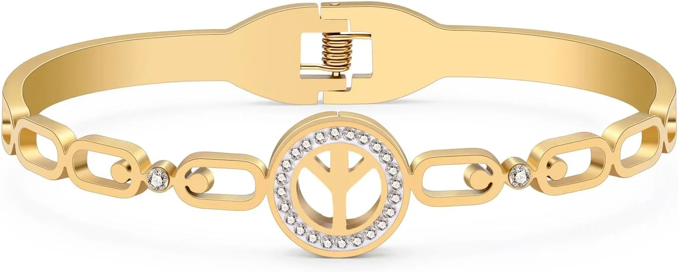 Stainless Steel 18K Gold Silver Plated Crystal Cool Peace Sign Bracelet 70S Hippie Symbol Cuff Bangle Birthday Jewelry For Women Hippy Punk Charms Friendship Gifts
