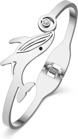 Stainless Steel 18K Gold Silver Plated Crystal Cute Whale Bracelet Ocean Fish Animals Cuff Bangle Birthday Jewelry For Women Mom Friendship Charm Gifts