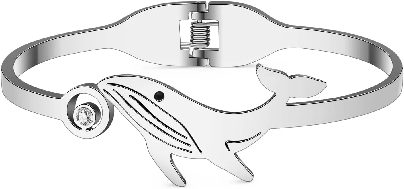 Stainless Steel 18K Gold Silver Plated Crystal Cute Whale Bracelet Ocean Fish Animals Cuff Bangle Birthday Jewelry For Women Mom Friendship Charm Gifts