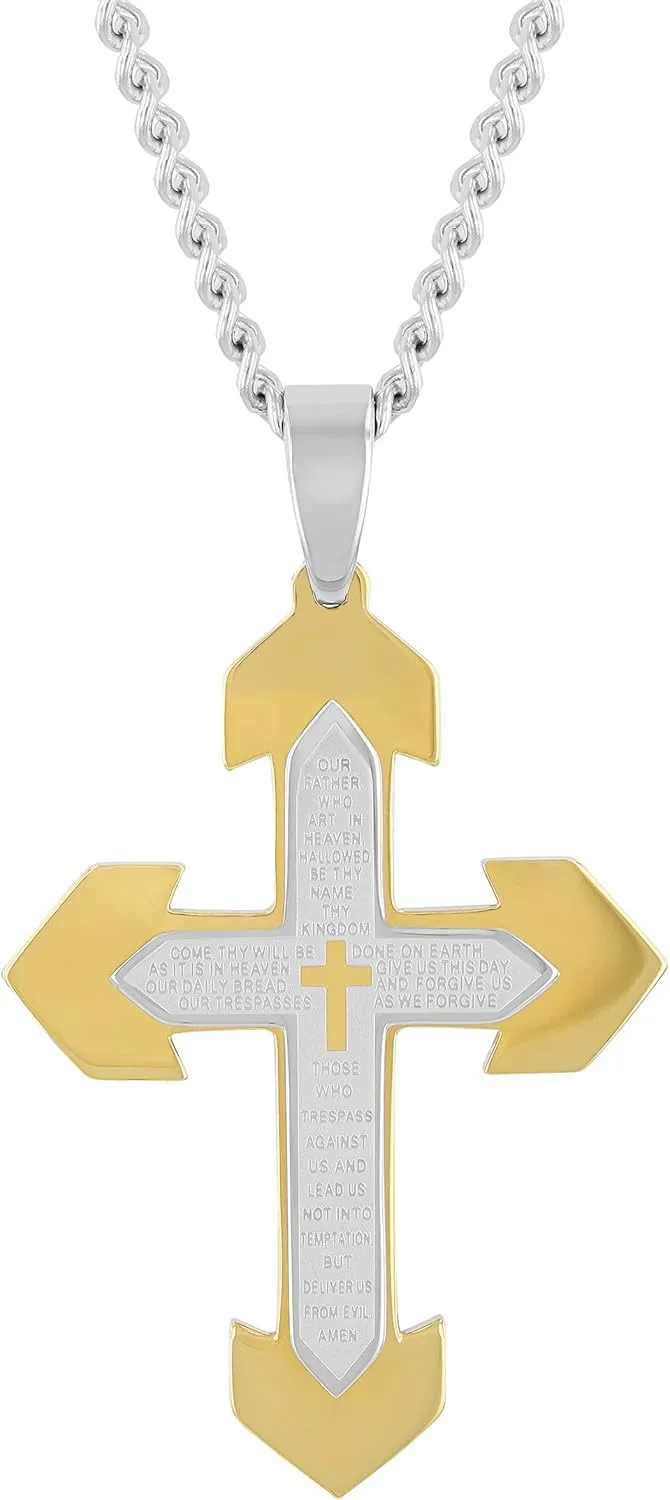 Stainless Steel Cross Necklace Men Yellow Gold Tone Lords Prayer Crucifix Pendant Chain Necklaces 24"