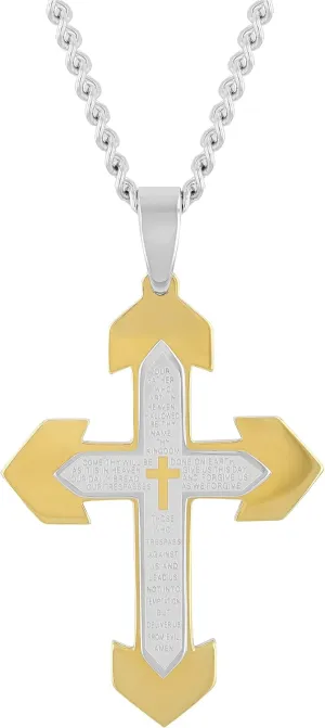 Stainless Steel Cross Necklace Men Yellow Gold Tone Lords Prayer Crucifix Pendant Chain Necklaces 24"