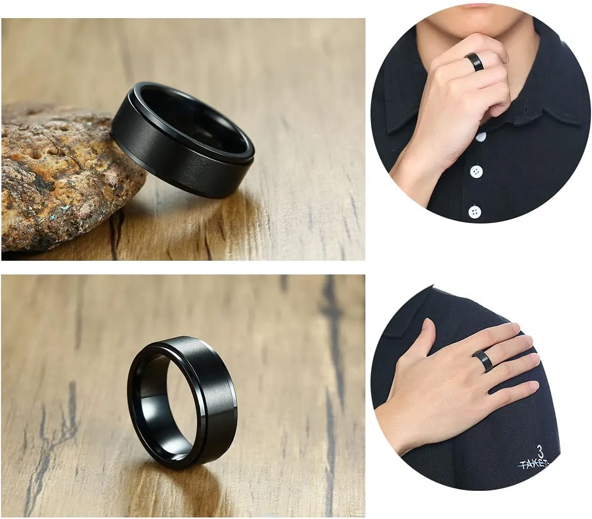 Stainless Steel Ring Set (4pcs Band), Men's Wedding Rings, Cool Spinner Rings, Black, Silver, Gold, Blue, 8mm Width, Unisex