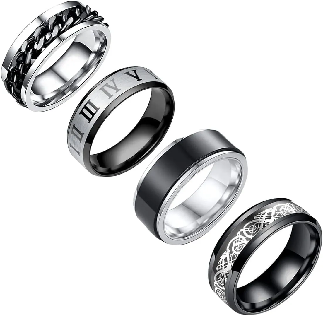 Stainless Steel Ring Set (4pcs Band), Men's Wedding Rings, Cool Spinner Rings, Black, Silver, Gold, Blue, 8mm Width, Unisex