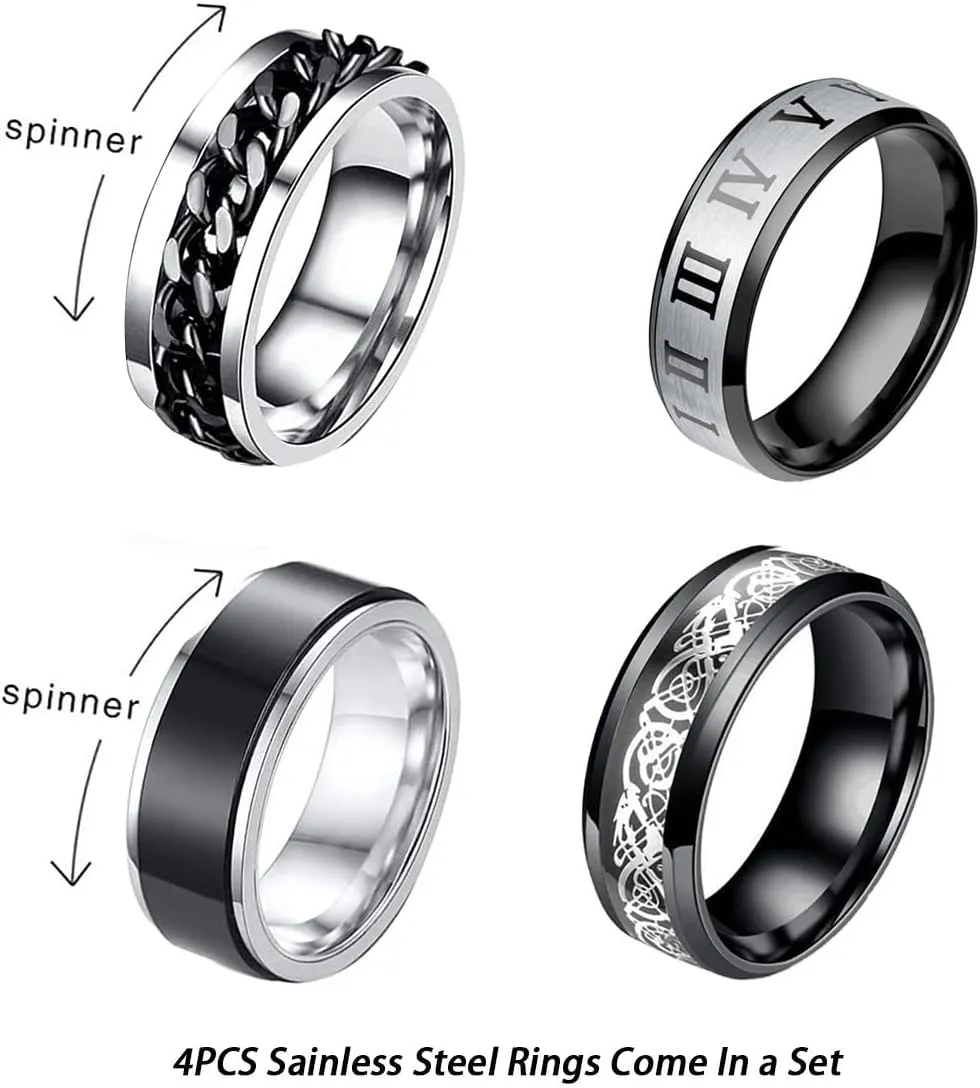 Stainless Steel Ring Set (4pcs Band), Men's Wedding Rings, Cool Spinner Rings, Black, Silver, Gold, Blue, 8mm Width, Unisex