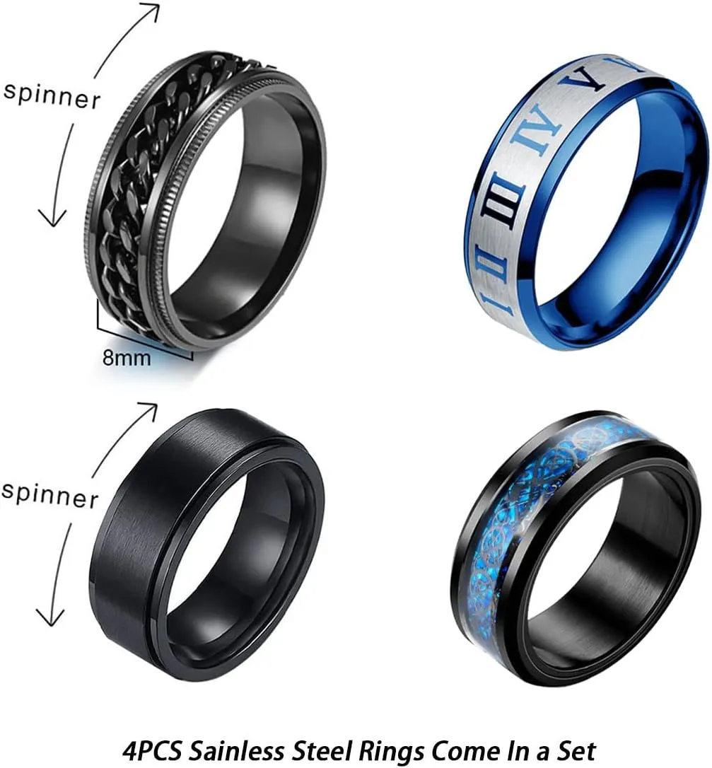 Stainless Steel Ring Set (4pcs Band), Men's Wedding Rings, Cool Spinner Rings, Black, Silver, Gold, Blue, 8mm Width, Unisex