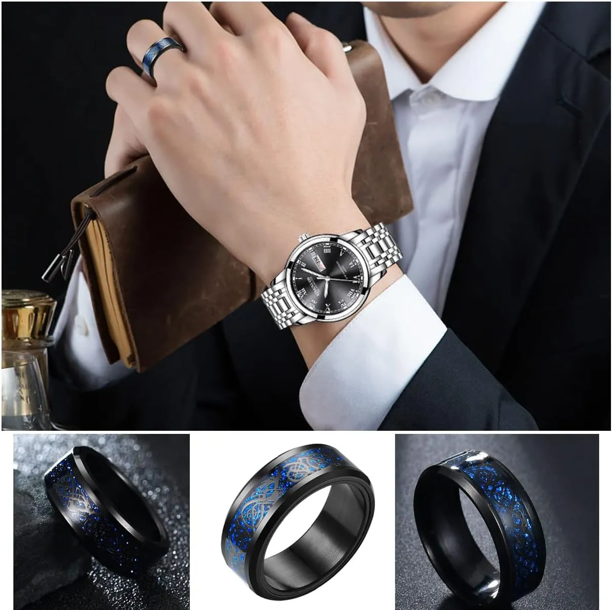 Stainless Steel Ring Set (4pcs Band), Men's Wedding Rings, Cool Spinner Rings, Black, Silver, Gold, Blue, 8mm Width, Unisex