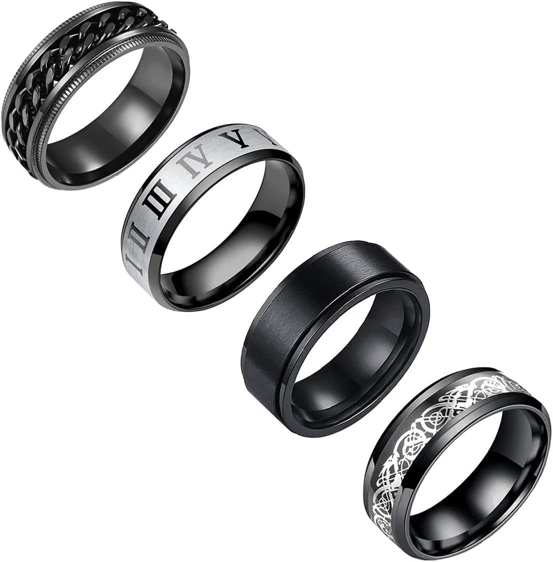 Stainless Steel Ring Set (4pcs Band), Men's Wedding Rings, Cool Spinner Rings, Black, Silver, Gold, Blue, 8mm Width, Unisex