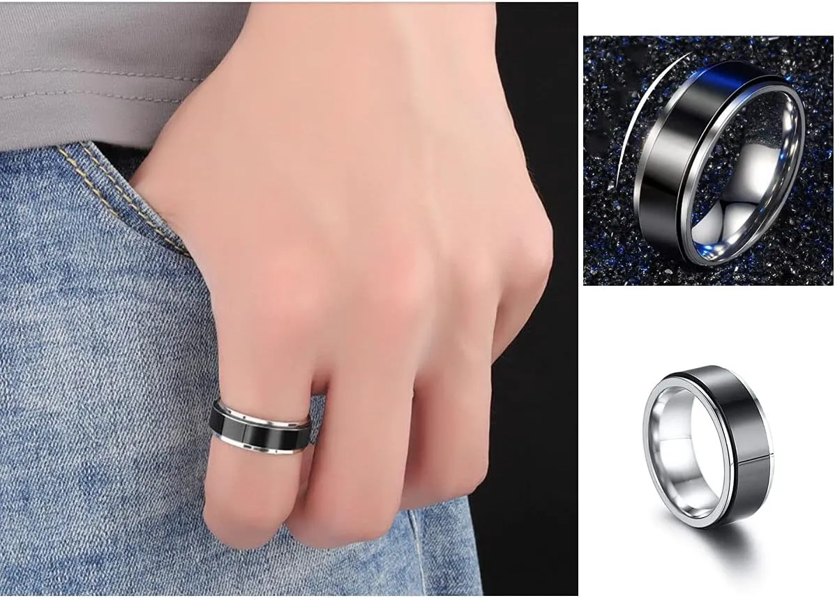 Stainless Steel Ring Set (4pcs Band), Men's Wedding Rings, Cool Spinner Rings, Black, Silver, Gold, Blue, 8mm Width, Unisex