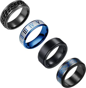 Stainless Steel Ring Set (4pcs Band), Men's Wedding Rings, Cool Spinner Rings, Black, Silver, Gold, Blue, 8mm Width, Unisex