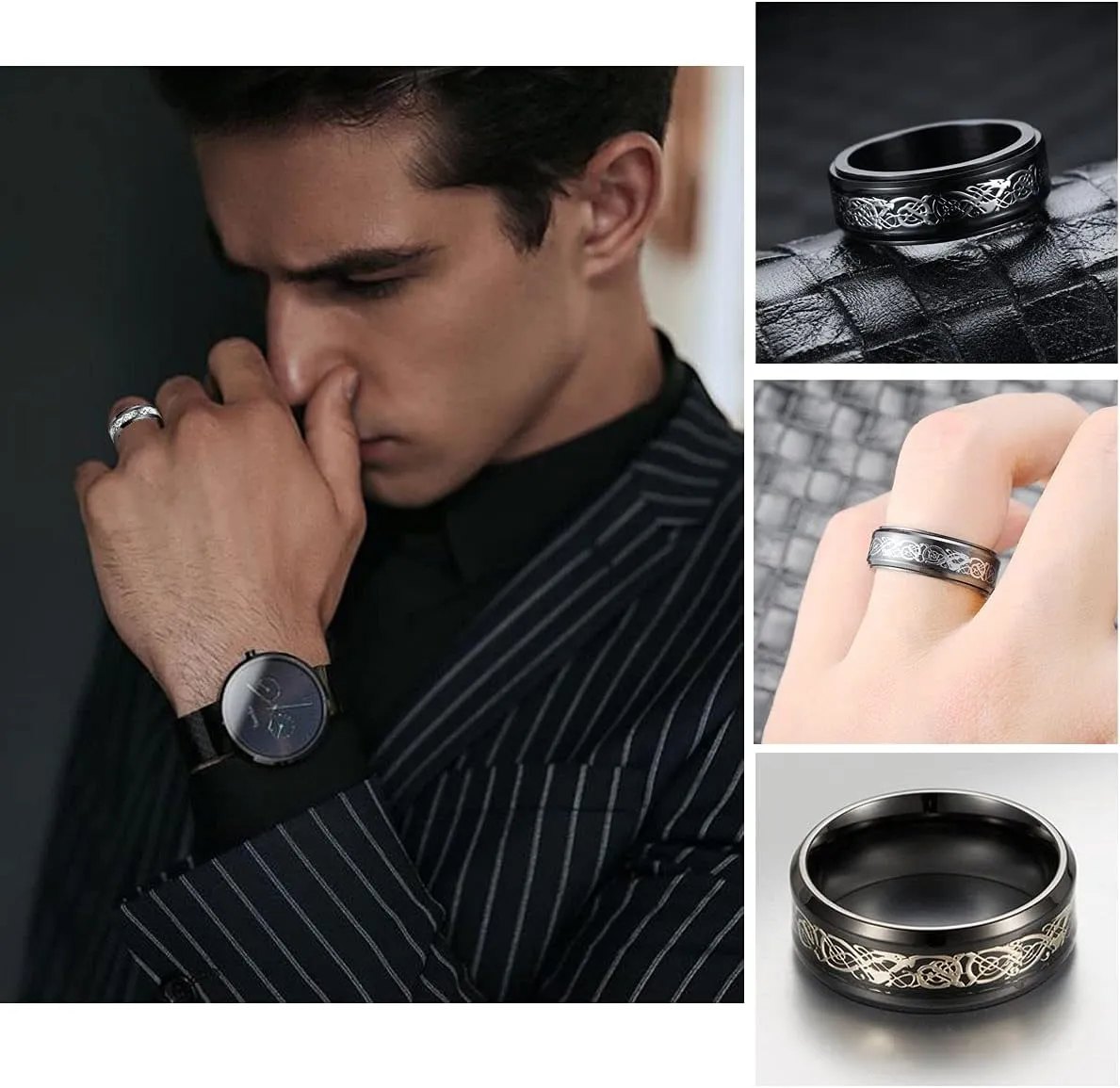 Stainless Steel Ring Set (4pcs Band), Men's Wedding Rings, Cool Spinner Rings, Black, Silver, Gold, Blue, 8mm Width, Unisex