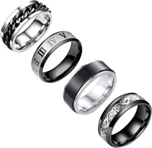 Stainless Steel Ring Set (4pcs Band), Men's Wedding Rings, Cool Spinner Rings, Black, Silver, Gold, Blue, 8mm Width, Unisex