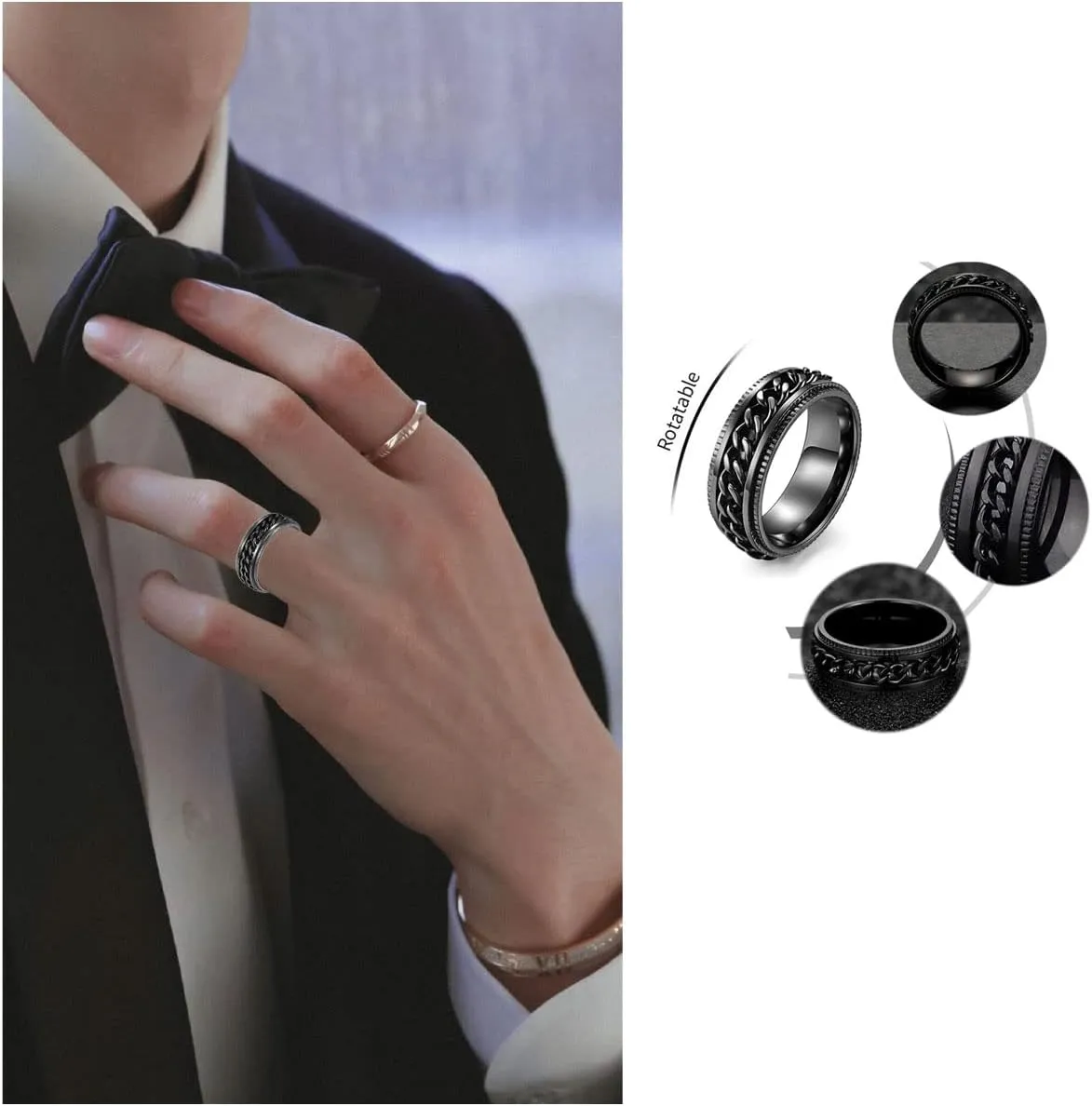 Stainless Steel Ring Set (4pcs Band), Men's Wedding Rings, Cool Spinner Rings, Black, Silver, Gold, Blue, 8mm Width, Unisex